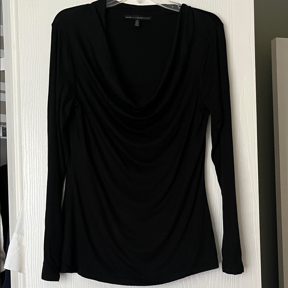 White House Black Market Black Drape Neck Long Sleeve Top